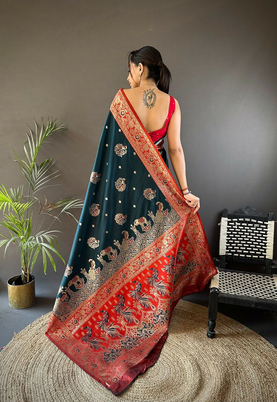 Red Meenakari Peacock Paithani Saree with Unstitched Blouse