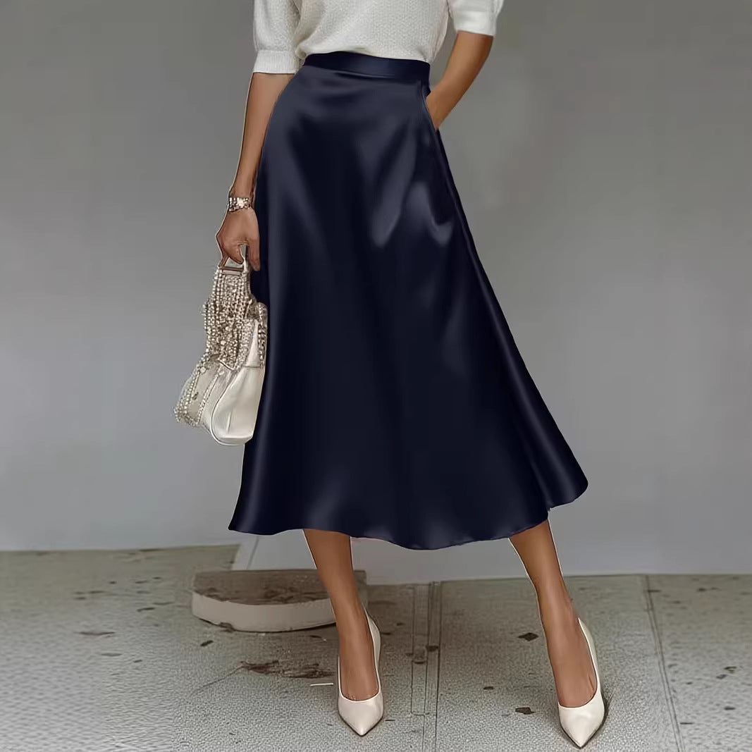 Women's Satin Mid-Length A-Line Skirt – High Rise Pull-On Style
