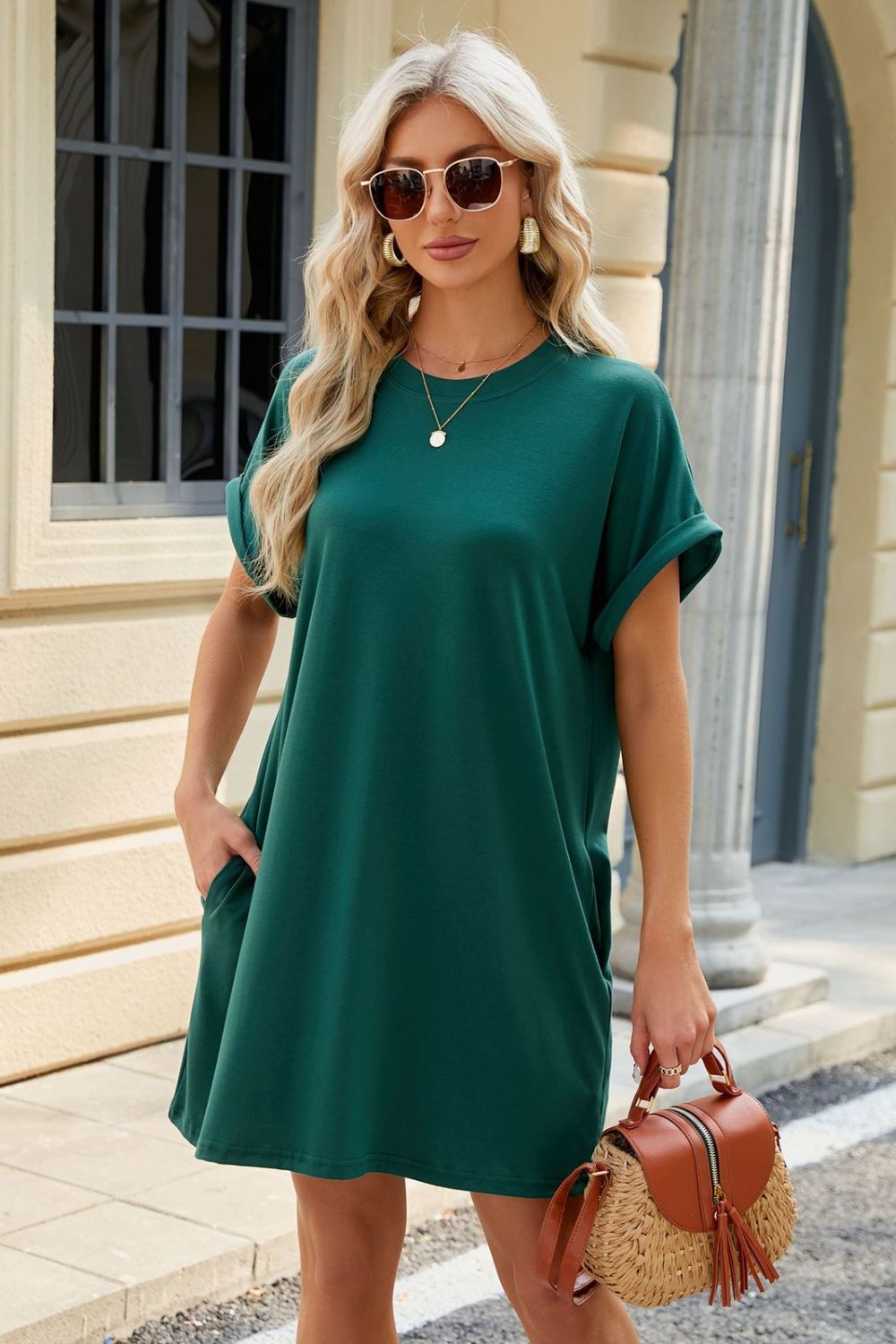 Cotton Short Sleeve Mini Dress with Pockets - Casual Everyday