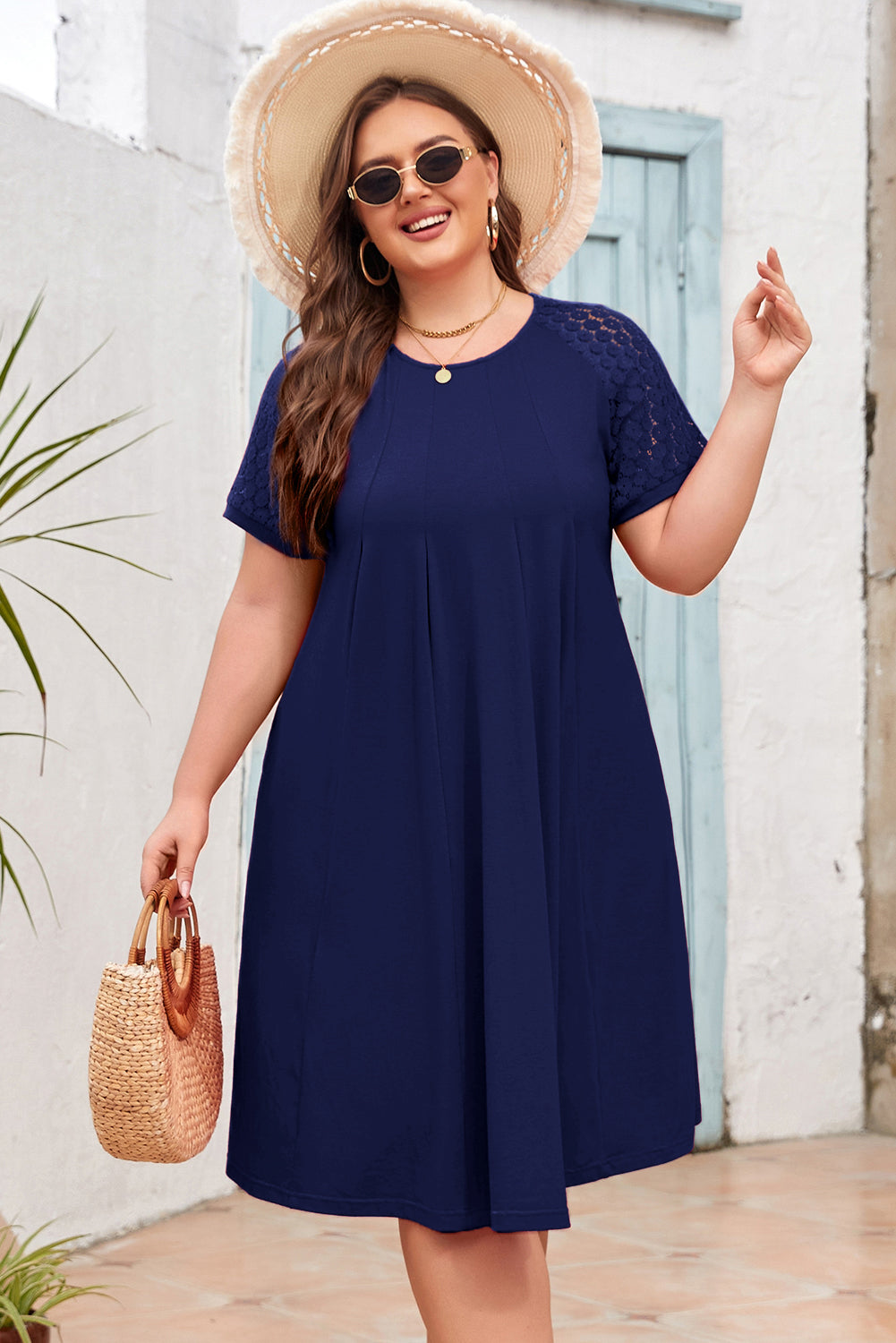 112 Navy Lace Pleated Swing Dress | Crew Neck Short Sleeve