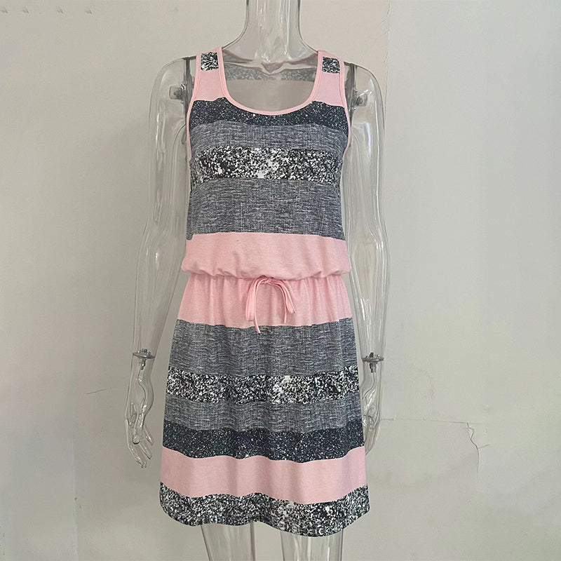 Women’s Color-Block Striped Tie-Waist Sleeveless Mini Dress