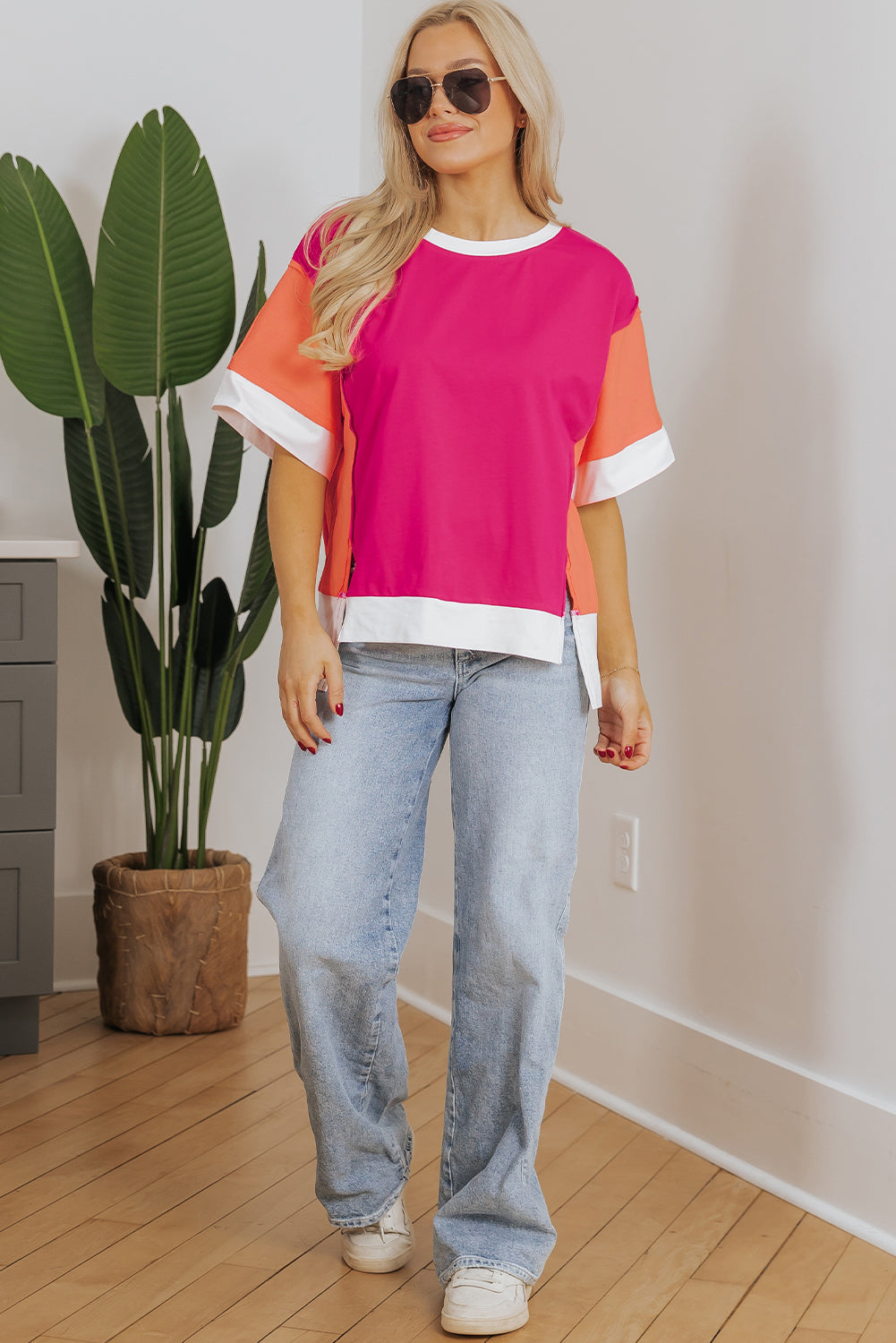 Rose Red Color Block Patchwork Side Slit Loose T-Shirt