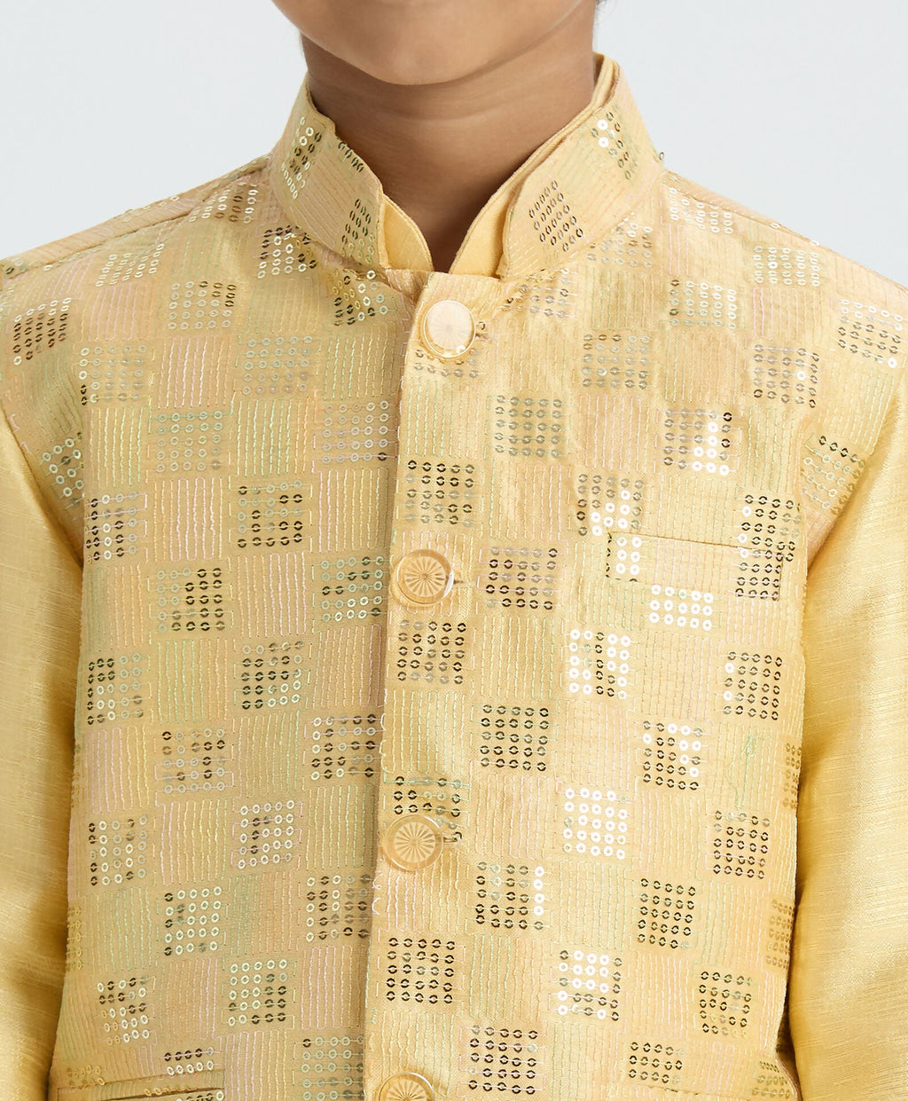 Boys Golden Kurta Pyjama Set with Nehru Jacket