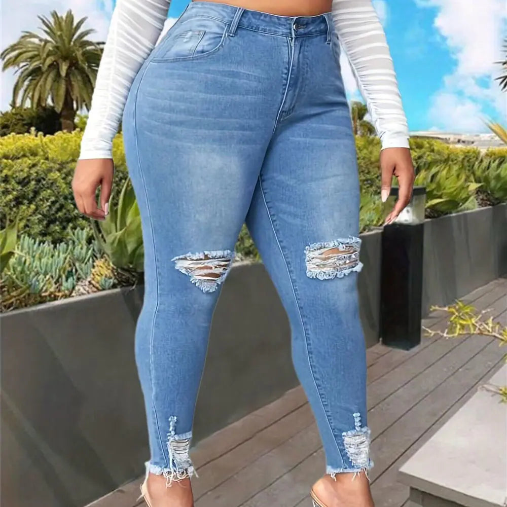 Women's Blue High Rise Ripped Skinny Jeans Distressed Denim - Image 3