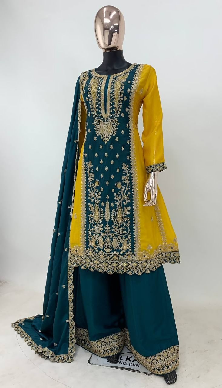 Yellow and Rama Chinon Embroidered Sequin Salwar Kameez