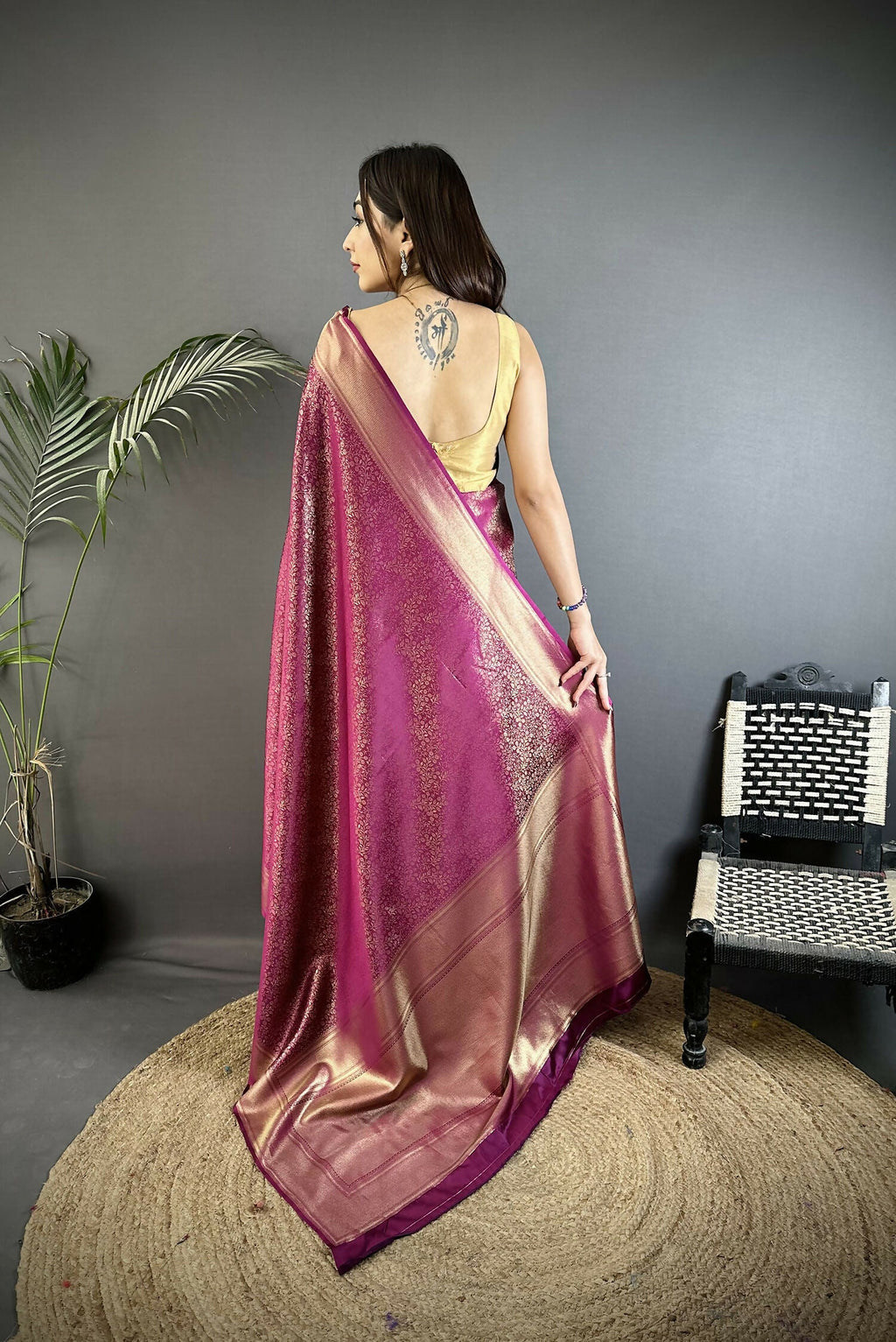 Purple Floral Motif Soft Satin Silk Kanchipuram Saree