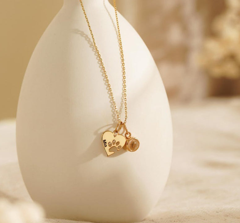 Personalized Gold Heart and Paw Print Photo Custom Necklace