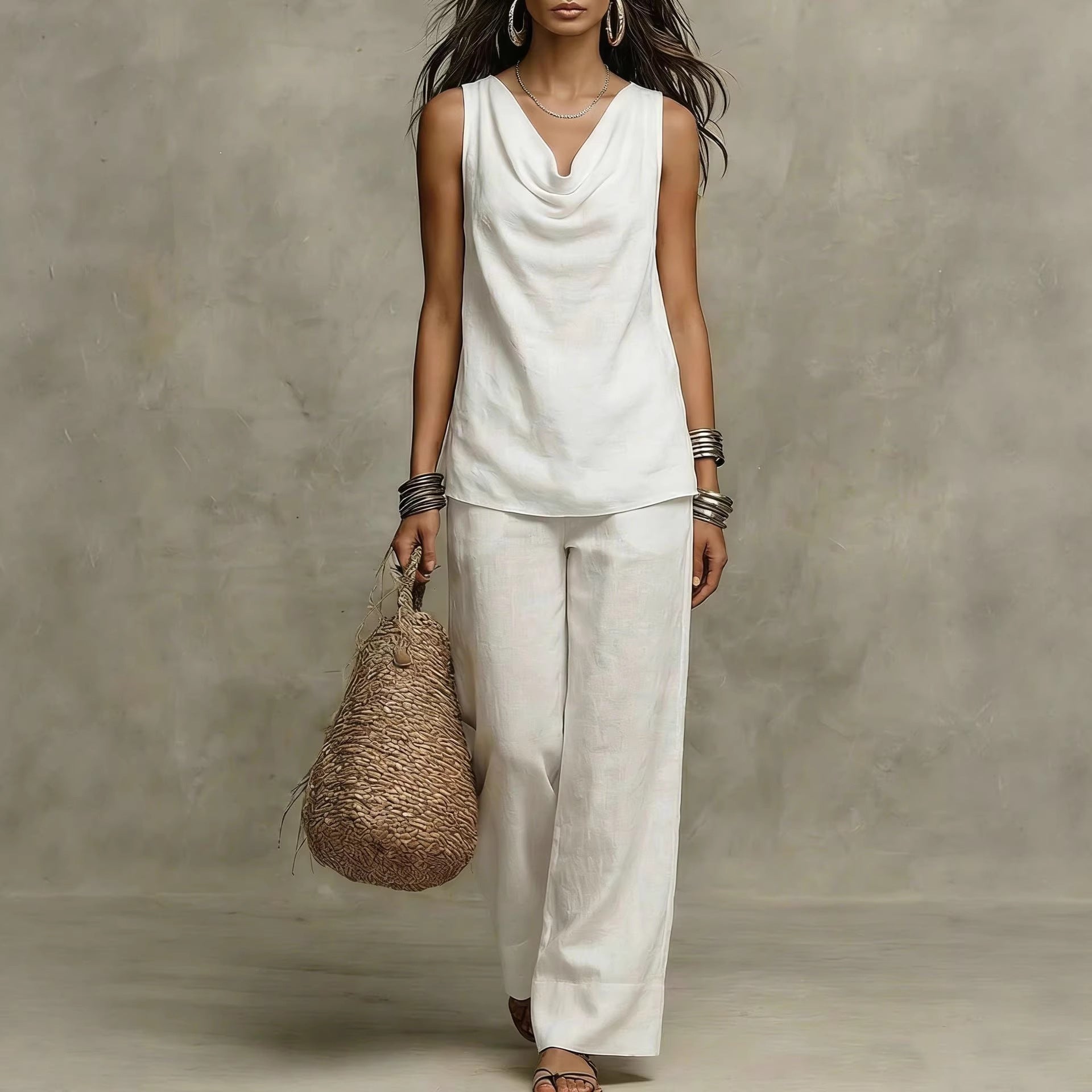 A model wearing a matching two-piece set with a cowl neck sleeveless tank top and wide leg pants.