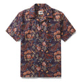 Close up of a dragon-patterned camp collar shirt in dark-purple, orange, and blue.