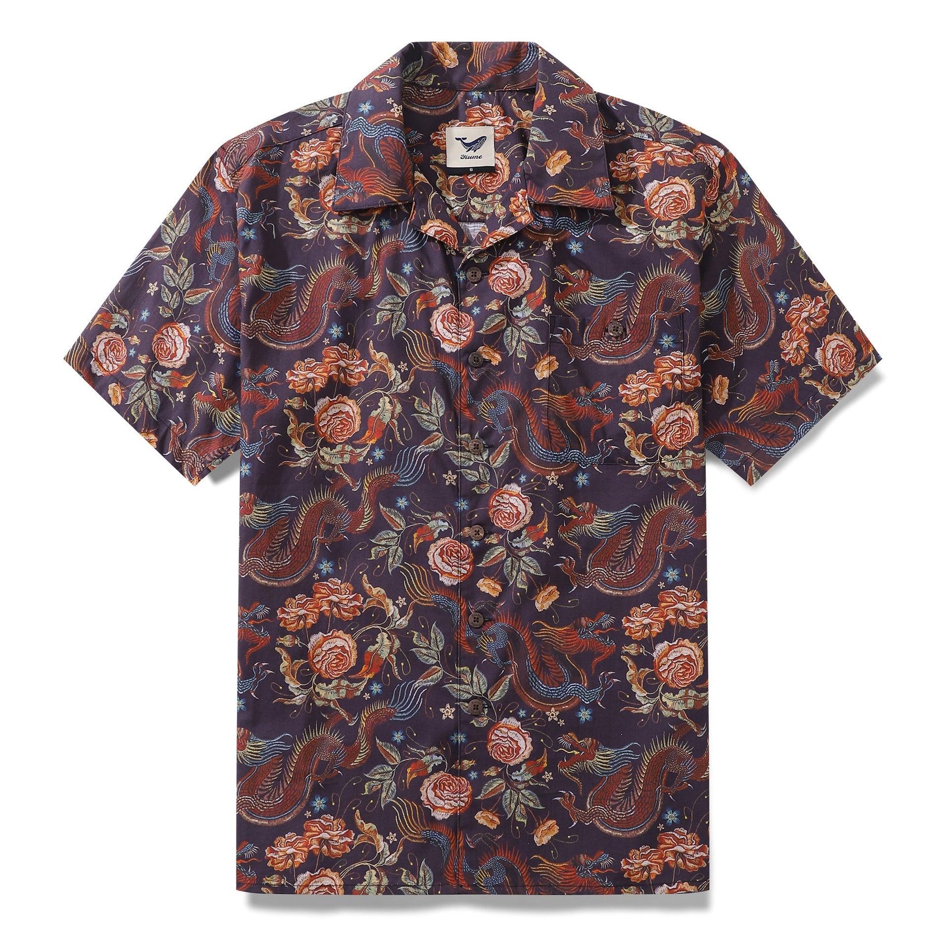 Close up of a dragon-patterned camp collar shirt in dark-purple, orange, and blue.