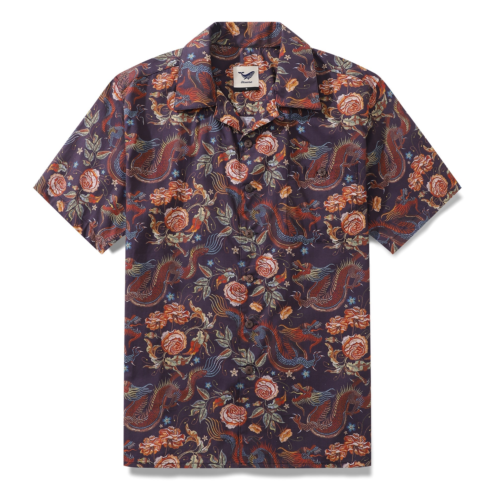 Close up of a dragon-patterned camp collar shirt in dark-purple, orange, and blue.