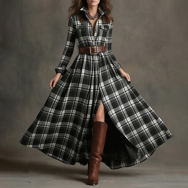 Women's Plaid Lapel Maxi Shirt Dress with Belted Waist - Image 4