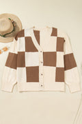 Plus Size Checker Ribbed Knit Buttoned V-Neck Cardigan