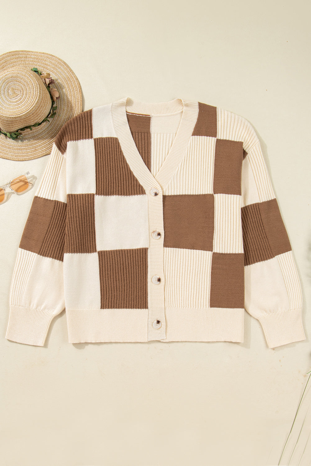 Plus Size Checker Ribbed Knit Buttoned V-Neck Cardigan
