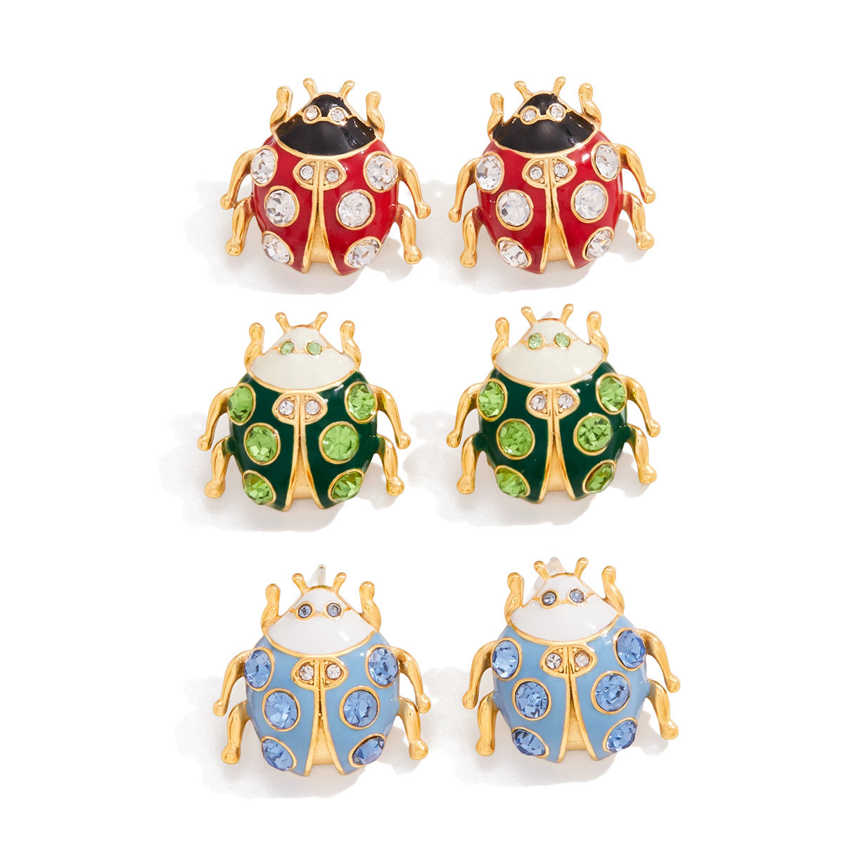 Colorful insect stud earrings with zircon stones and polished stainless steel finish.