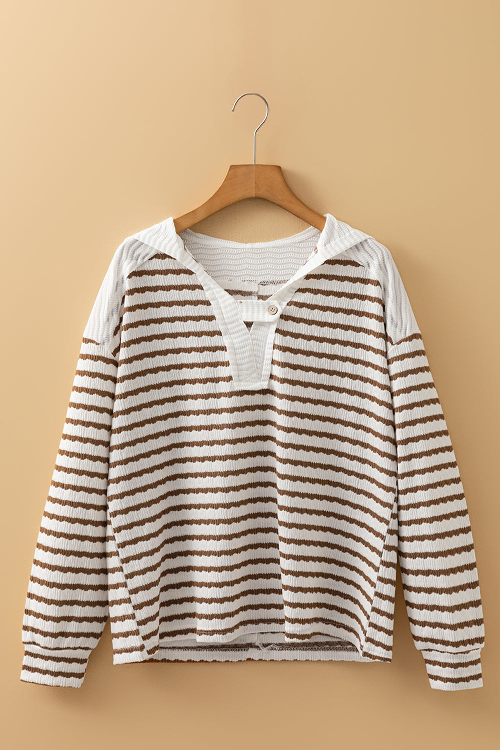 Black Stripe Textured Hooded V Neck Casual Long Sleeve Top