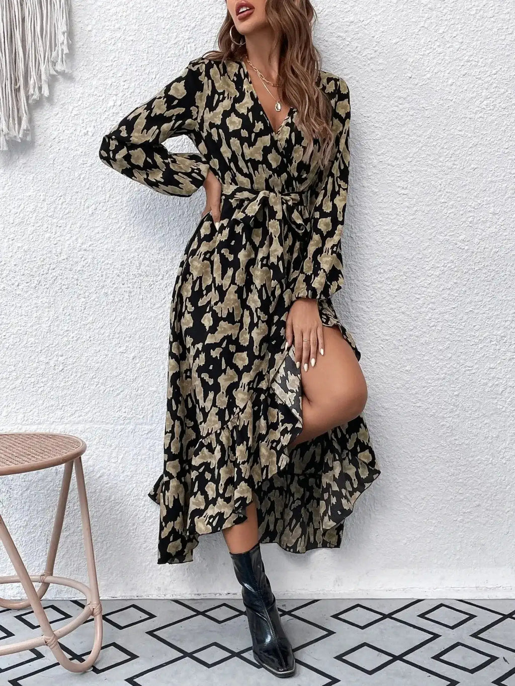 Leopard Surplice Balloon Sleeve Dress
