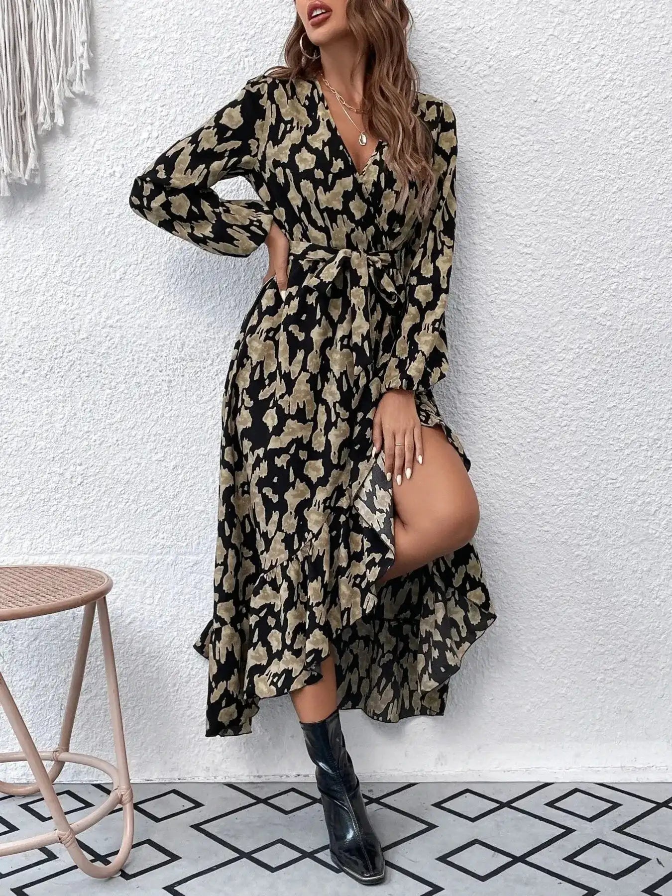 Leopard Surplice Balloon Sleeve Dress
