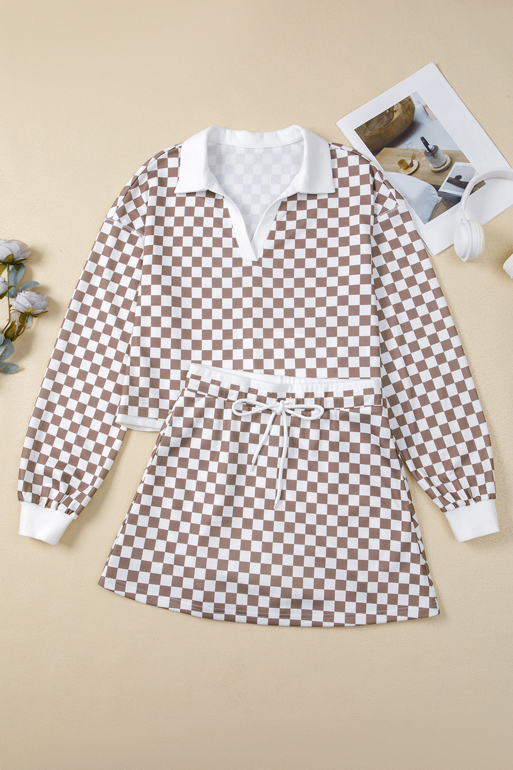 Checker Long Sleeve Top and Drawstring Mini Skirt Set