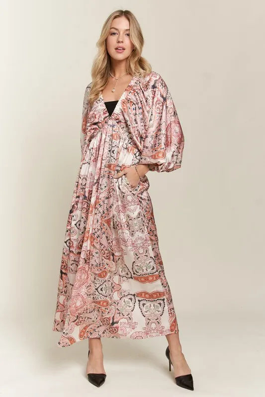 Printed V-Neck Batwing Sleeve Summer Dress
