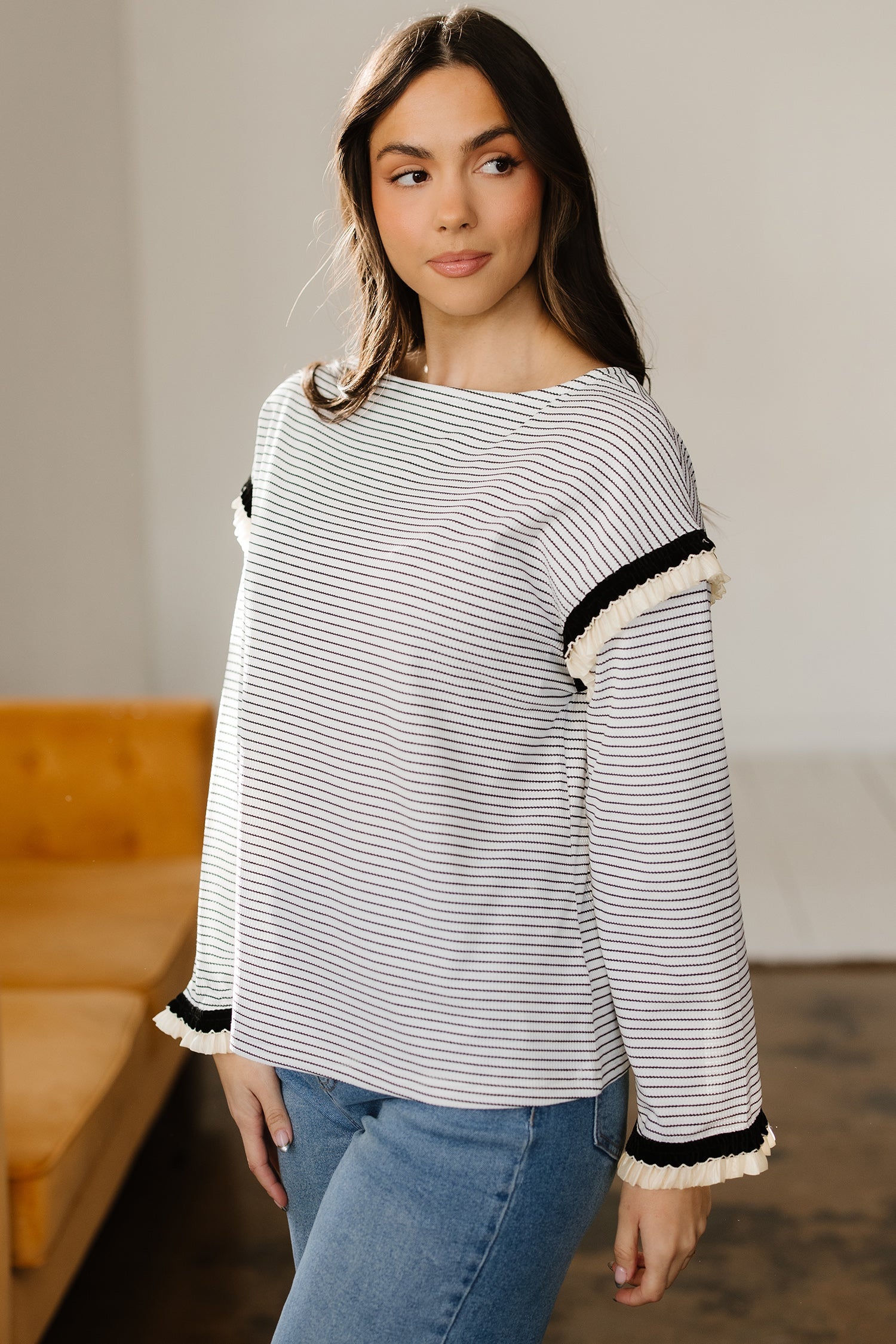 Women's Striped Long Sleeve Knit Top with Ruffle Trim