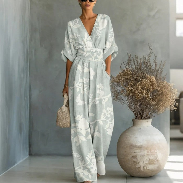 Women's V-Neck Floral Print Wide-Leg Jumpsuit with Cinched Waist - Image 5