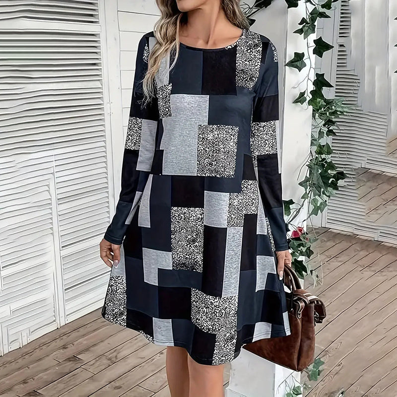 Women's Round Neck Long Sleeve Patchwork Print Casual Dress - Image 8