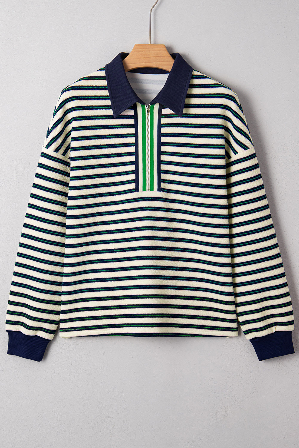 Stripe Contrast Zip Collared V-Neck Long Sleeve Top