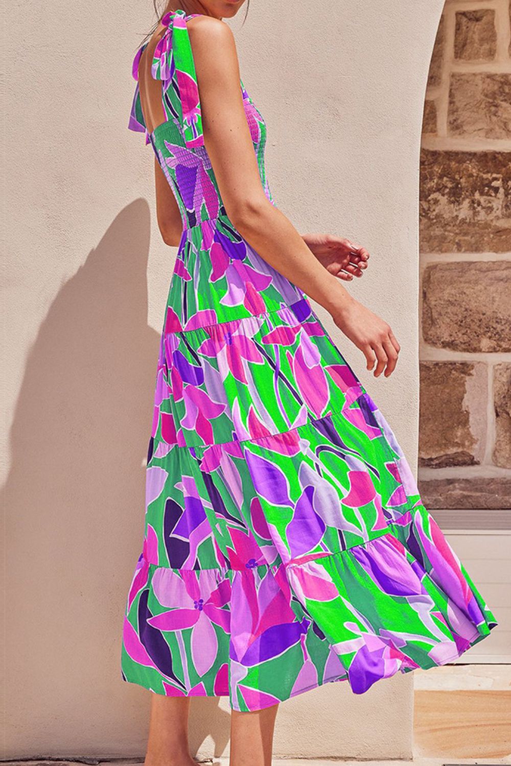 Floral Tie-Shoulder Smocked Midi Dress for Vacation