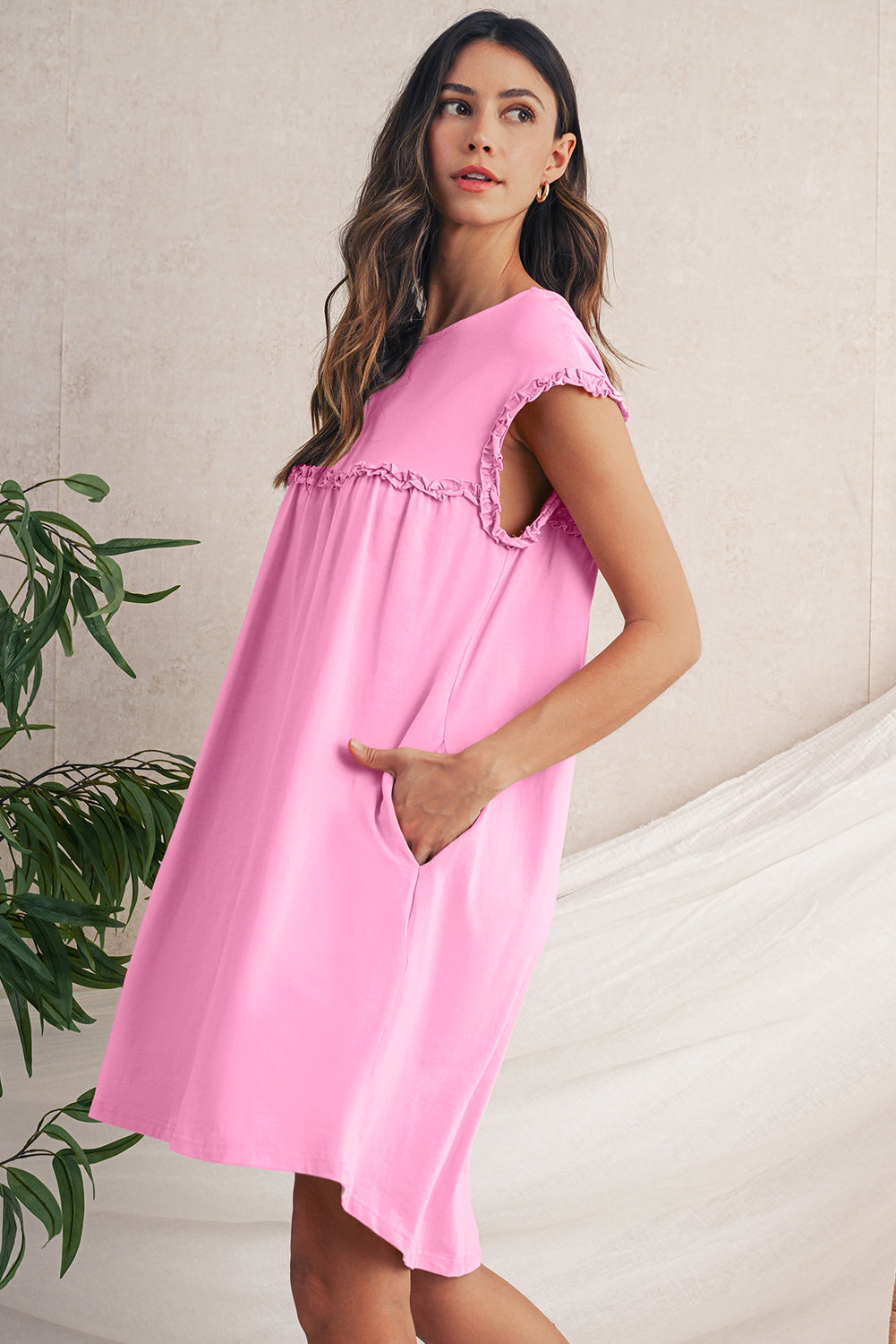 Mint Green Frilled Trim Crewneck Mini Dress | Relaxed Fit