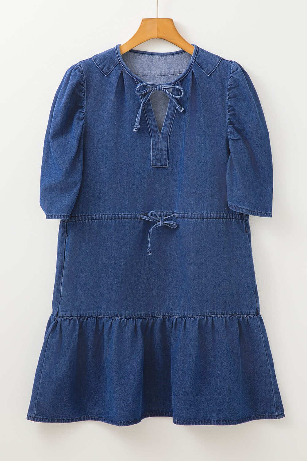 Annabelle Denim Puff Sleeve Mini Dress - Romantic V-Neck A-Line