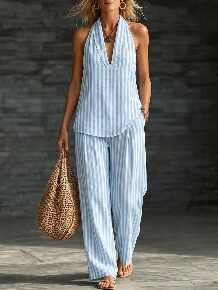 Women's Striped Sleeveless Halter Top and Wide Leg Pants Set - Image 6
