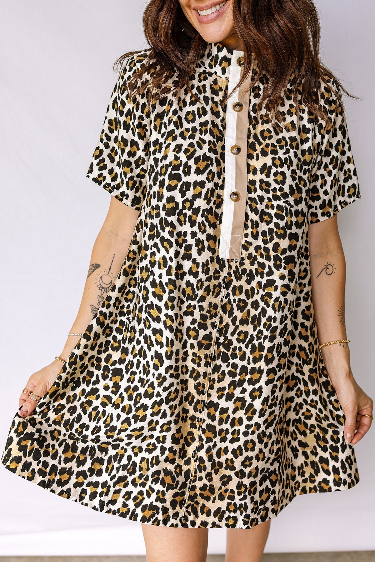 Leopard Half Buttoned Short Sleeve Mini Dress