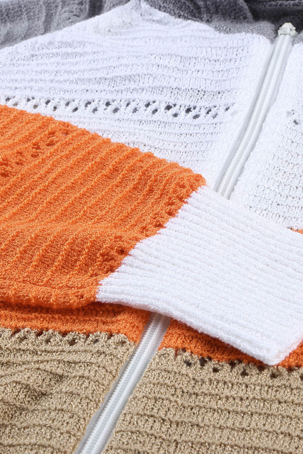 Multicolor Zipped Front Colorblock Hollow-out Knit Hoodie