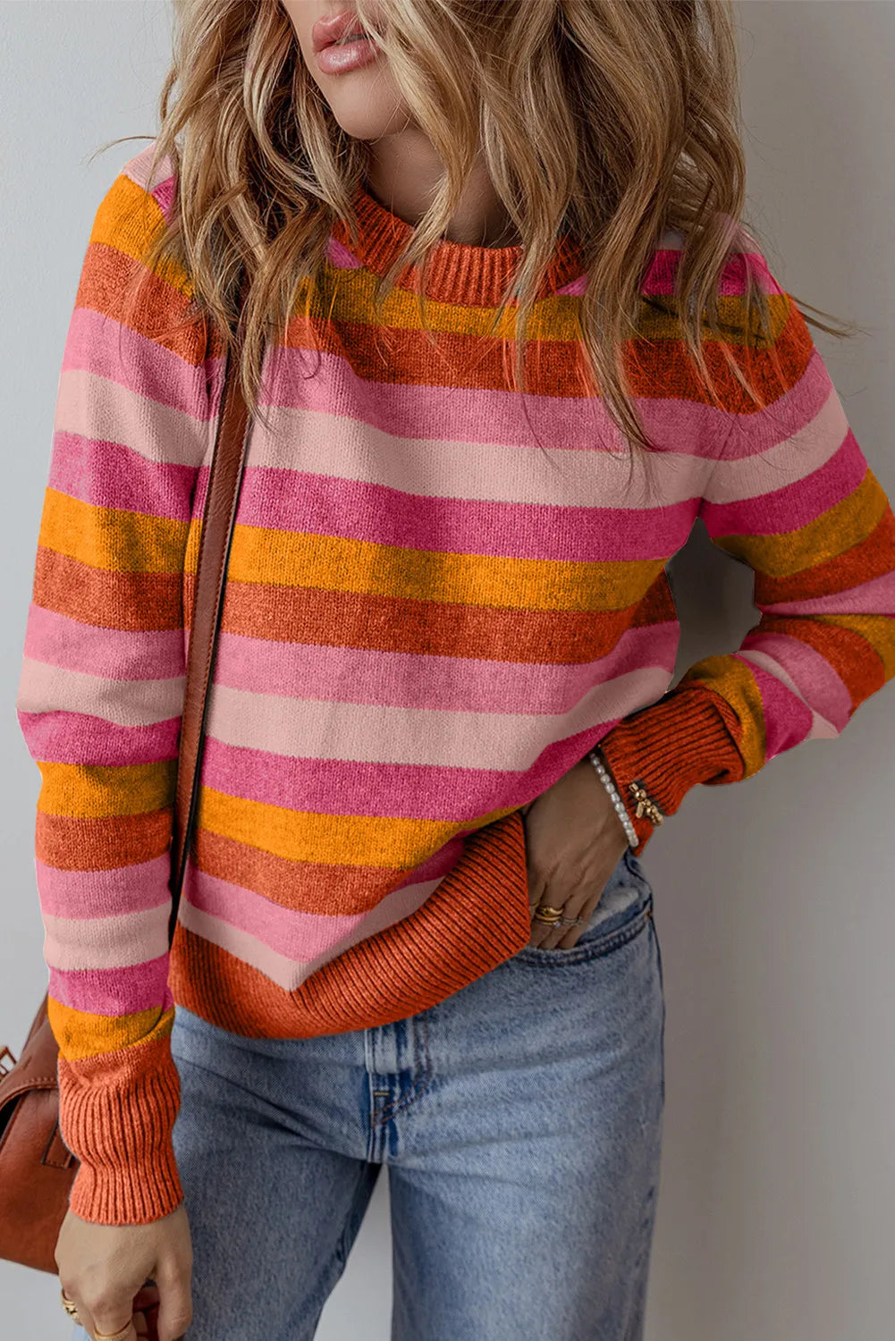 Women's Striped Round Neck Long Sleeve Knit Sweater Multicolor - Image 5