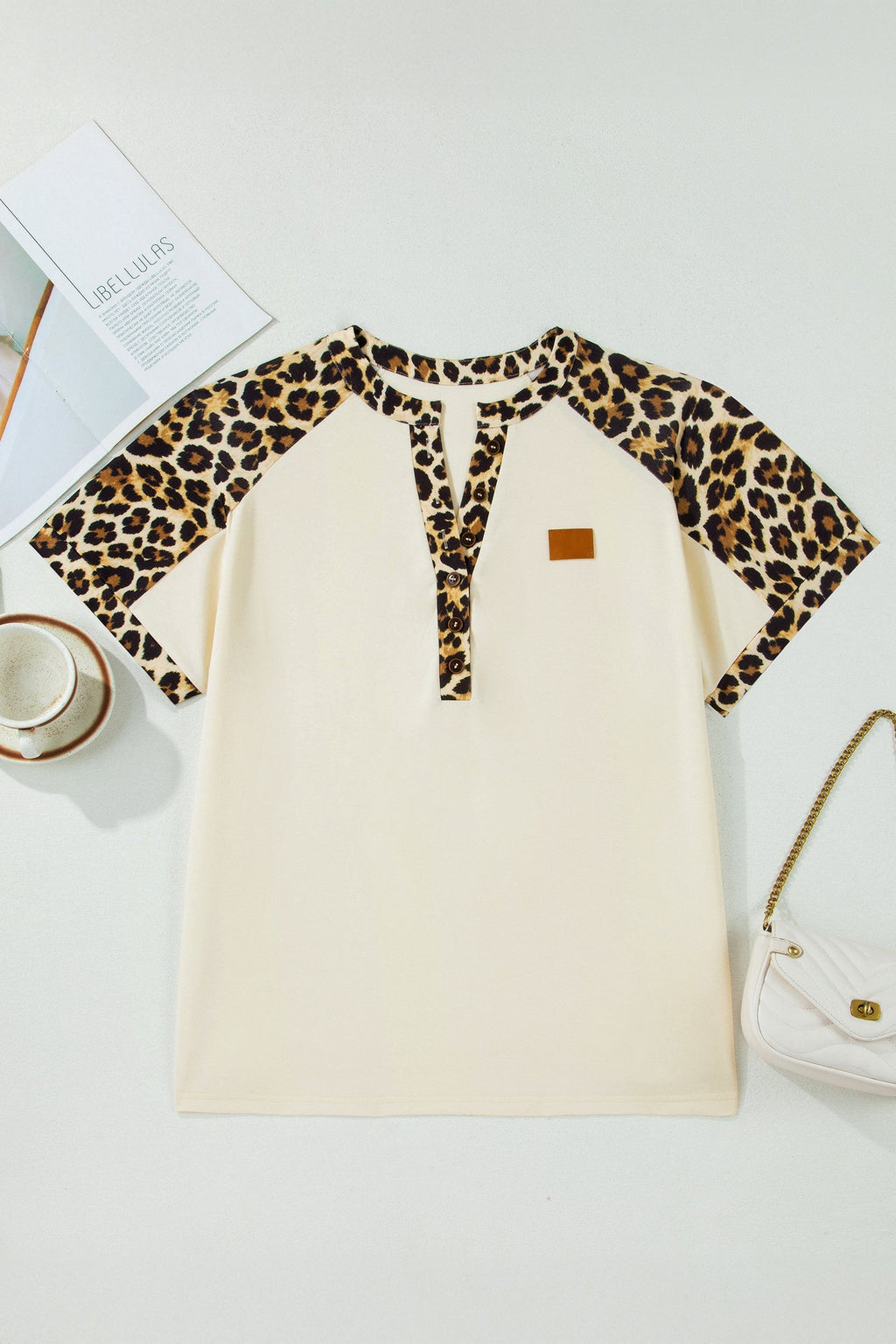 Contrast Patchwork Polo Tee in Leopard Print and Beige