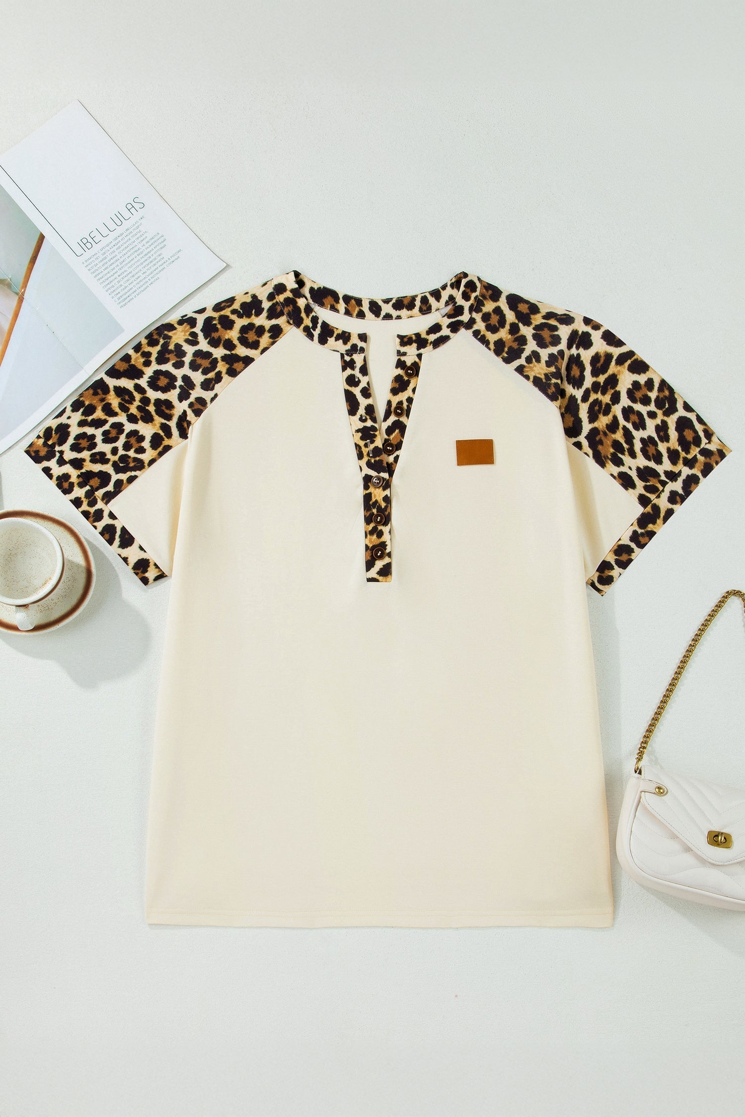 Contrast Patchwork Polo Tee in Leopard Print and Beige