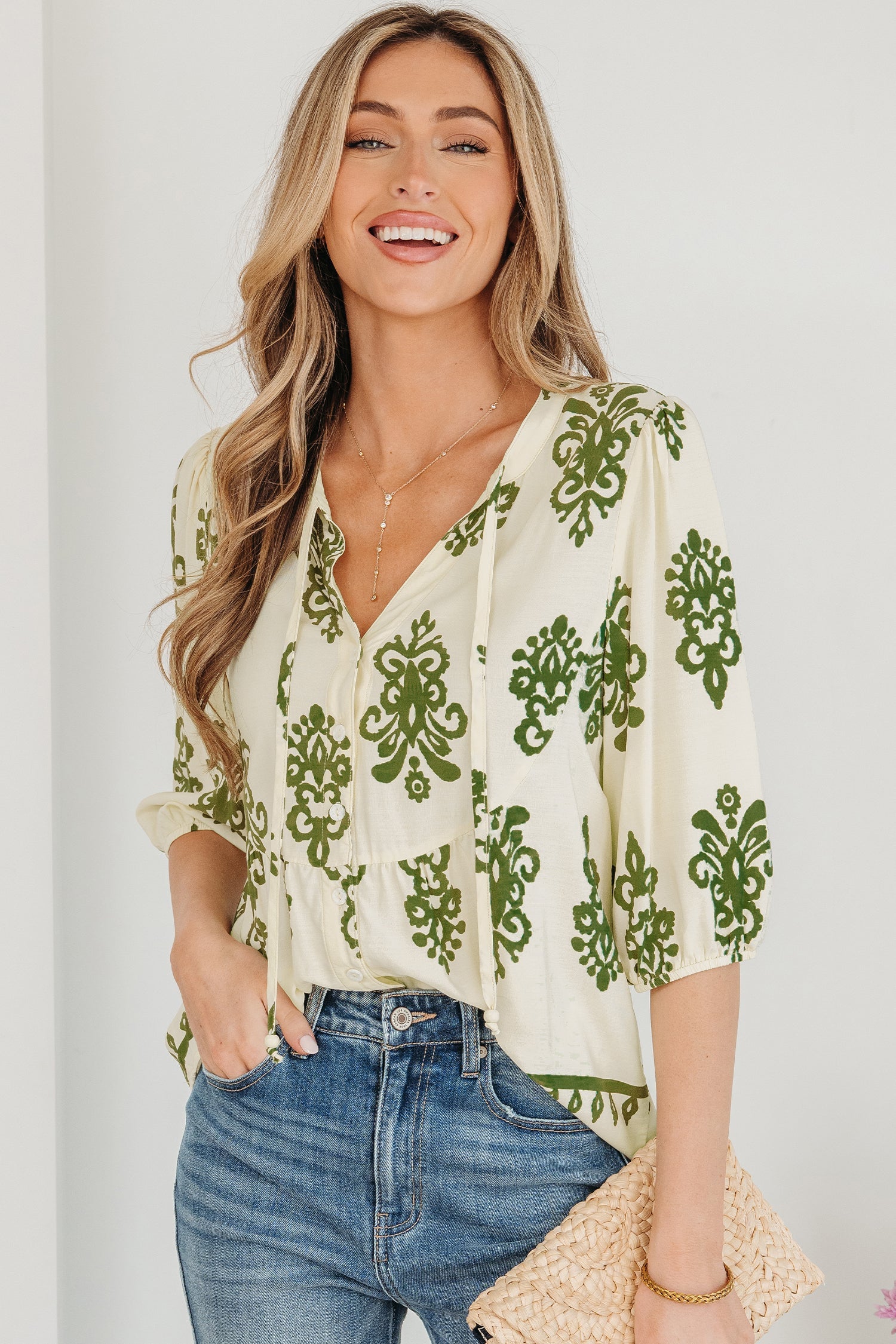 Tie V-Neck Puffy Half Sleeve Shirt