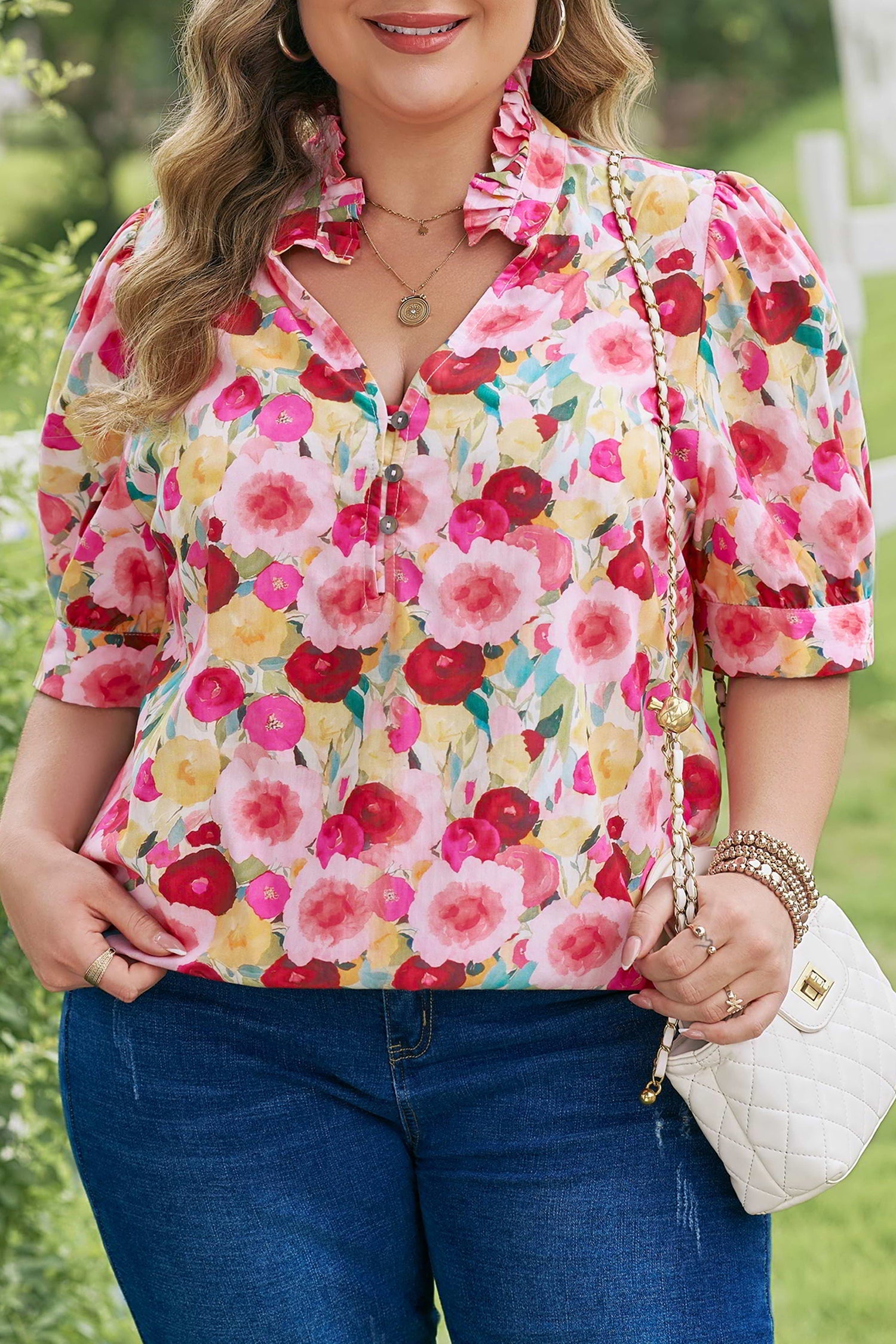 Oaklynn Puff Short Sleeve Floral V-Neck Top in Pink Red Yellow
