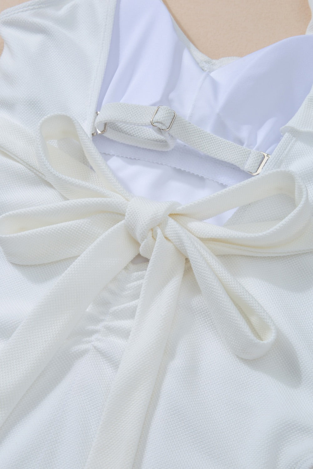 White Ruffled V-Neck One-Piece Swimsuit with Tie Waist Detail