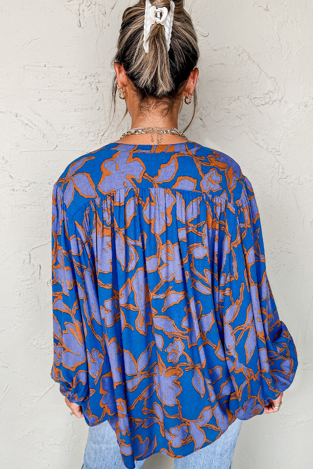 Blue Floral Print Batwing Sleeve Buttoned Shirt