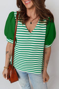 Stripe Patchwork Puff Short Sleeve V-Neck Blouse