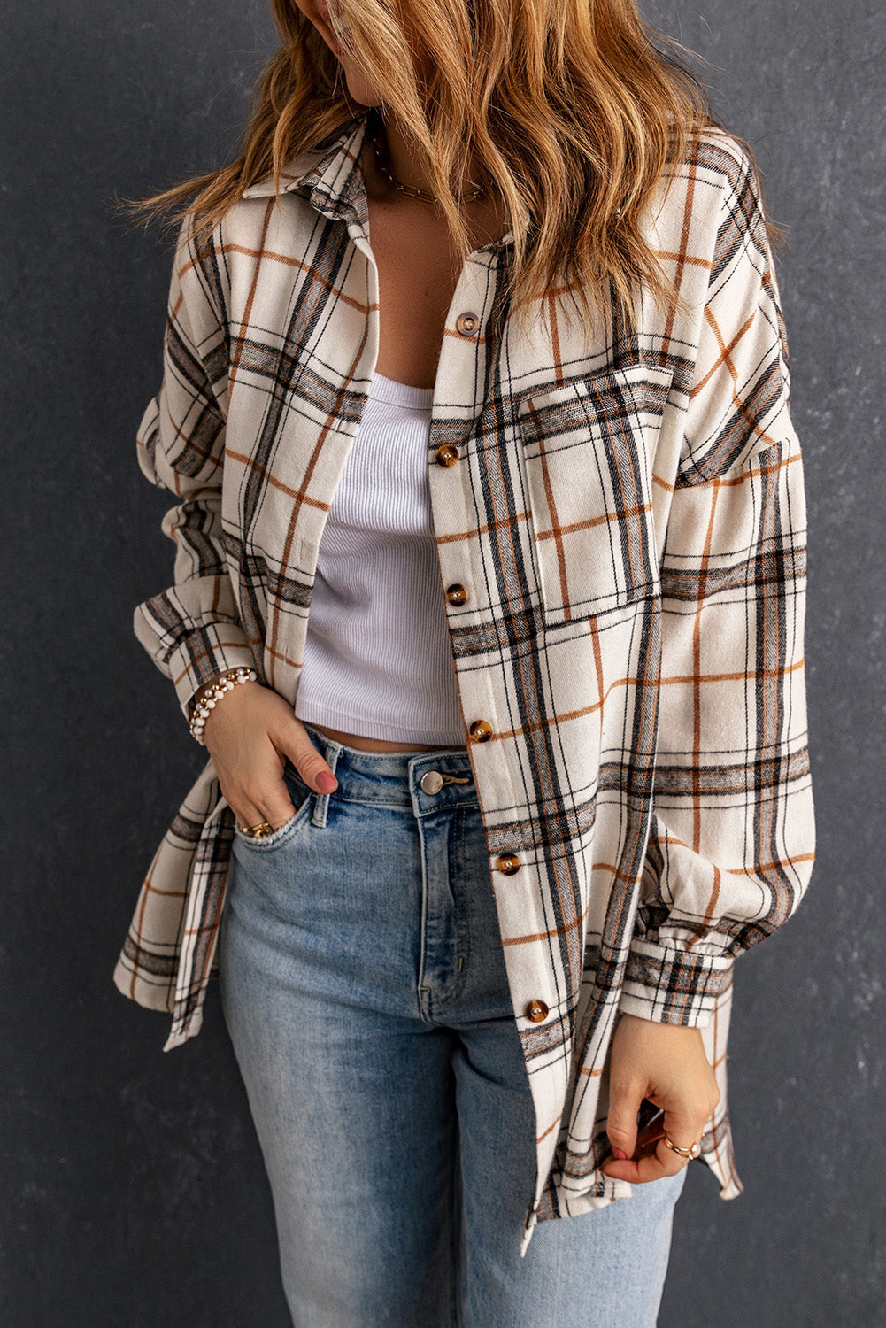 Women's Plaid Oversized Side Slit Shacket in Off-White, Brown, Black