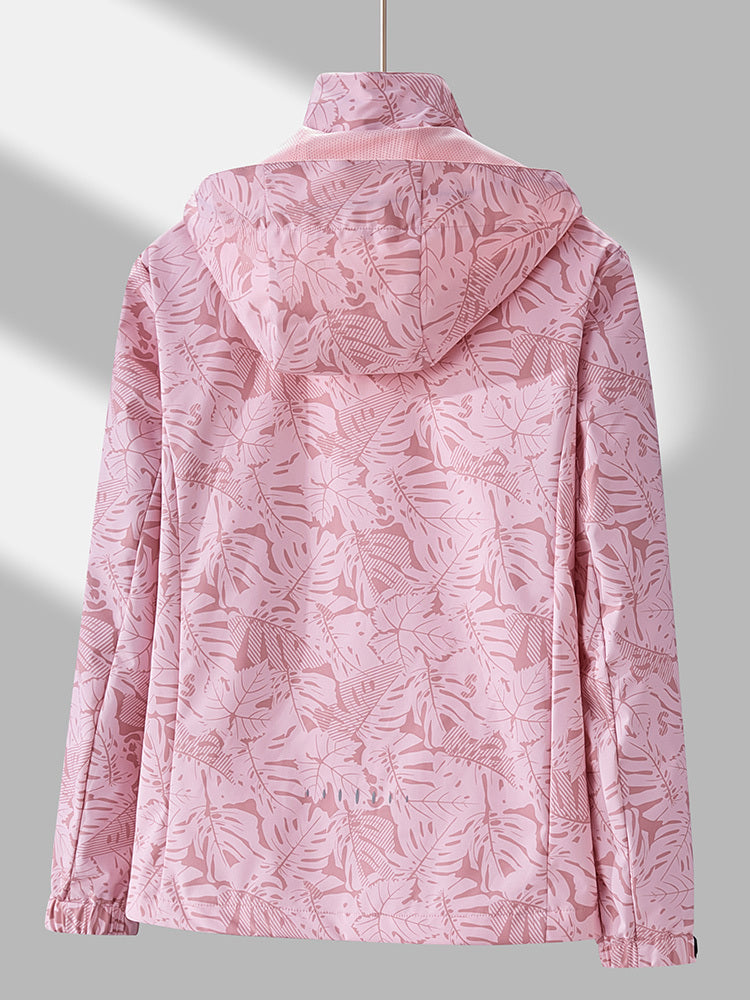 Women's Tropical Leaf Print Lightweight Windproof Hooded Jacket - Image 13