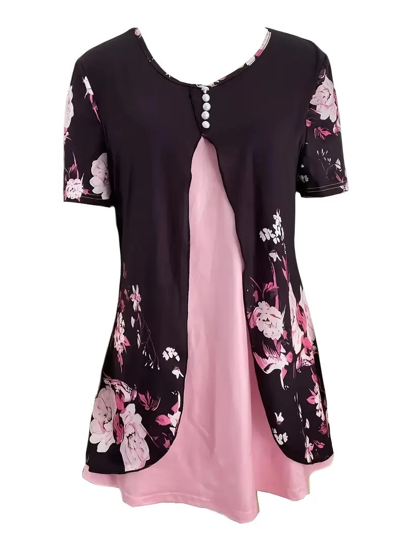 Printed Fake Two-Piece V-Neck T-Shirt with Spikes