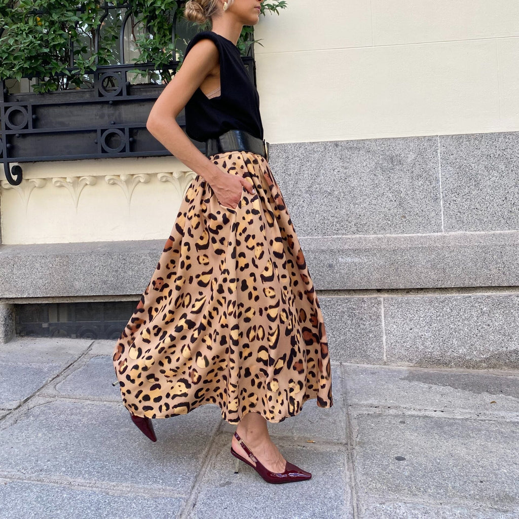 Women’s Leopard Print A-Line Skirt Elegant Big Hem Midi