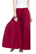 Plain maroon flared palazzo pants made from lightweight rayon cotton fabric