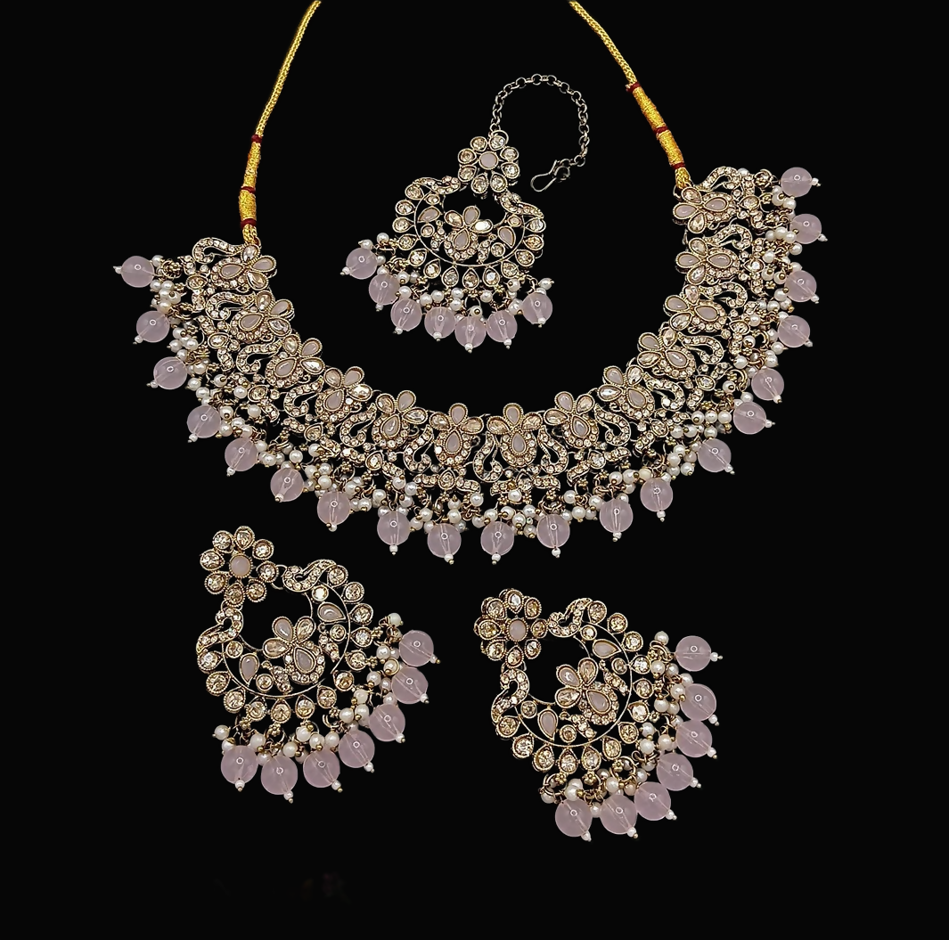 Elegant light peach stone work necklace set with matching earrings for women