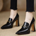 Black Pointed Toe Chunky Heel Pumps with Gold Horsebit Detail - Image 6