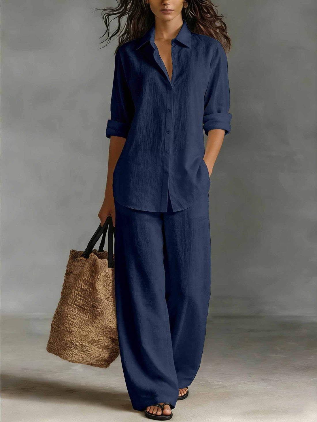 Women's Bohemian Cotton-Linen Button-Down Top and Pant Set - Image 9